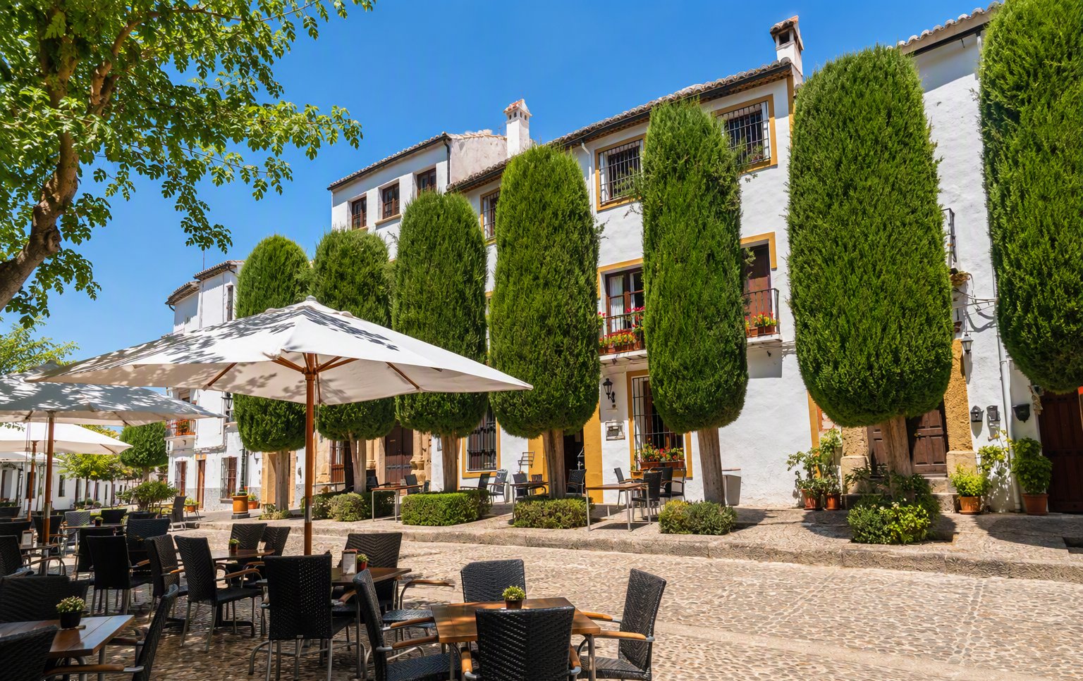 The terrace under the cypress trees of Plaza Duquesa de Parcent
